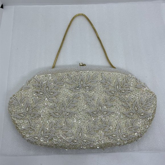 Vintage Beaded Purse Kiss Lock Bags by Debbie Cream White Shimmer Gold 9.5x5.5” - Picture 1 of 16